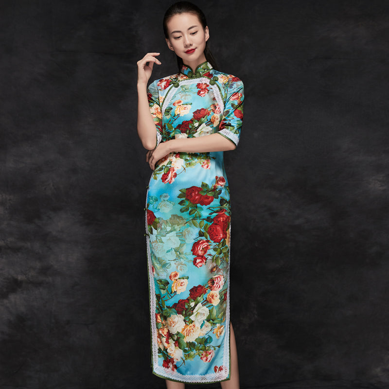 Half Sleeve Tea Length Floral Cheongsam Chinese Dress with Lace Edge