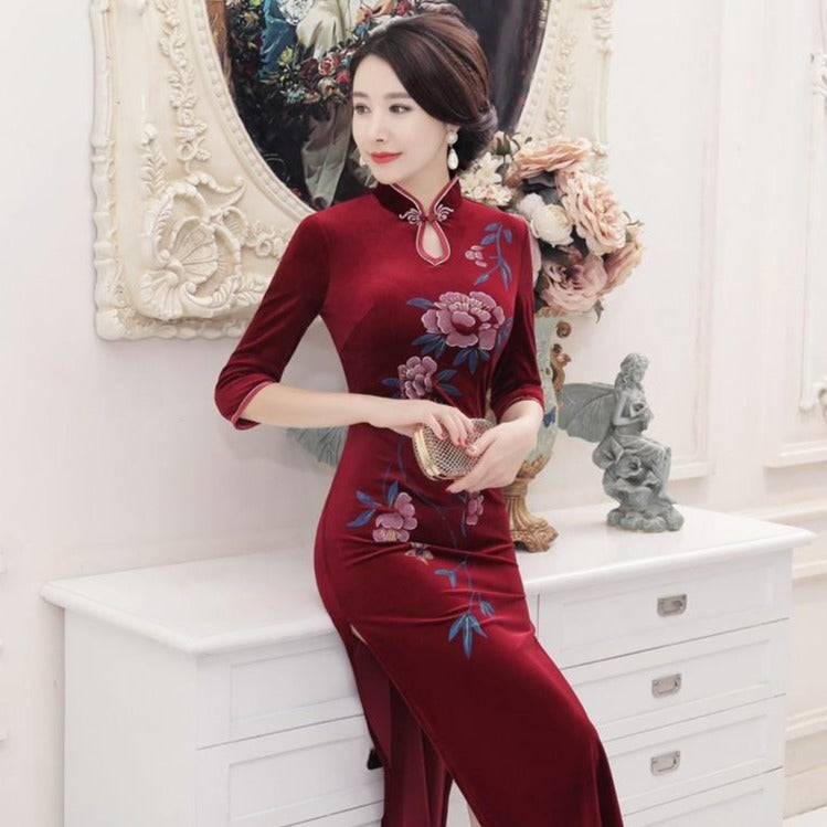 Half Sleeve Tea Length Floral Velvet Cheongsam Chinese Dress