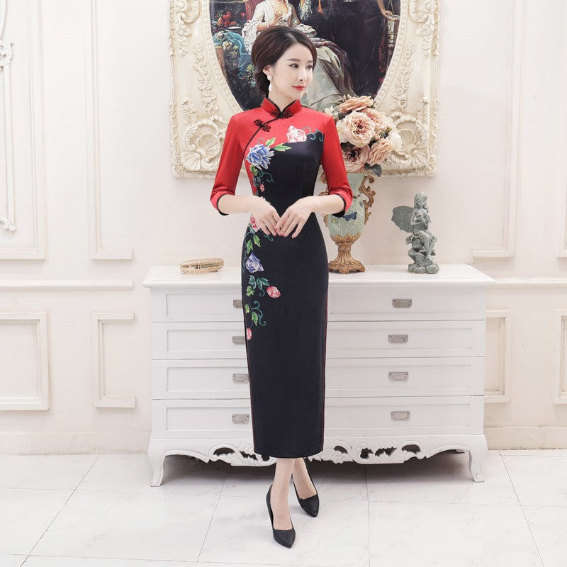 Half Sleeve Tea Length Floral Velvet Cheongsam Chinese Dress