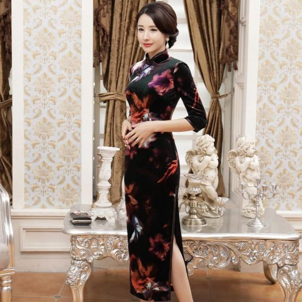 Half Sleeve Tea Length Floral Velvet Cheongsam Chinese Dress