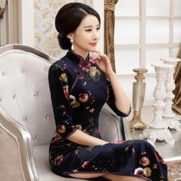 Half Sleeve Tea Length Floral Velvet Cheongsam Chinese Dress