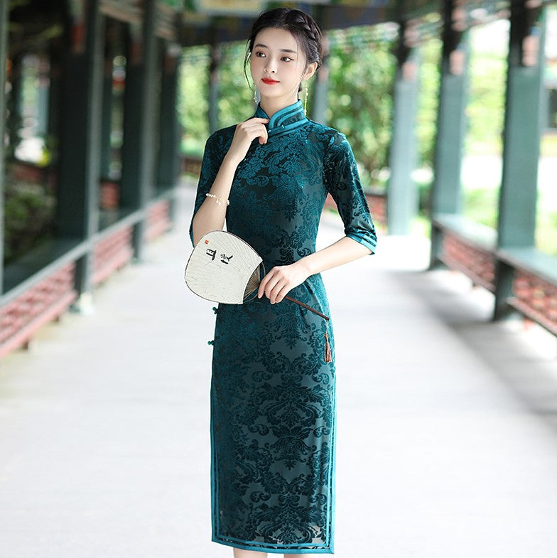 Half Sleeve Tea Length Floral Velvet Traditional Cheongsam Chinese Dress