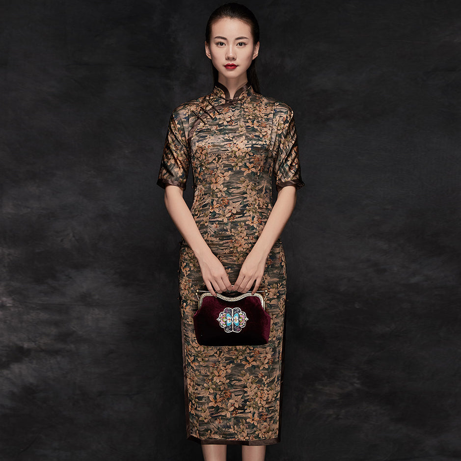 Half Sleeve Tea Length Silk Blend Cheongsam Floral Chinese Dress