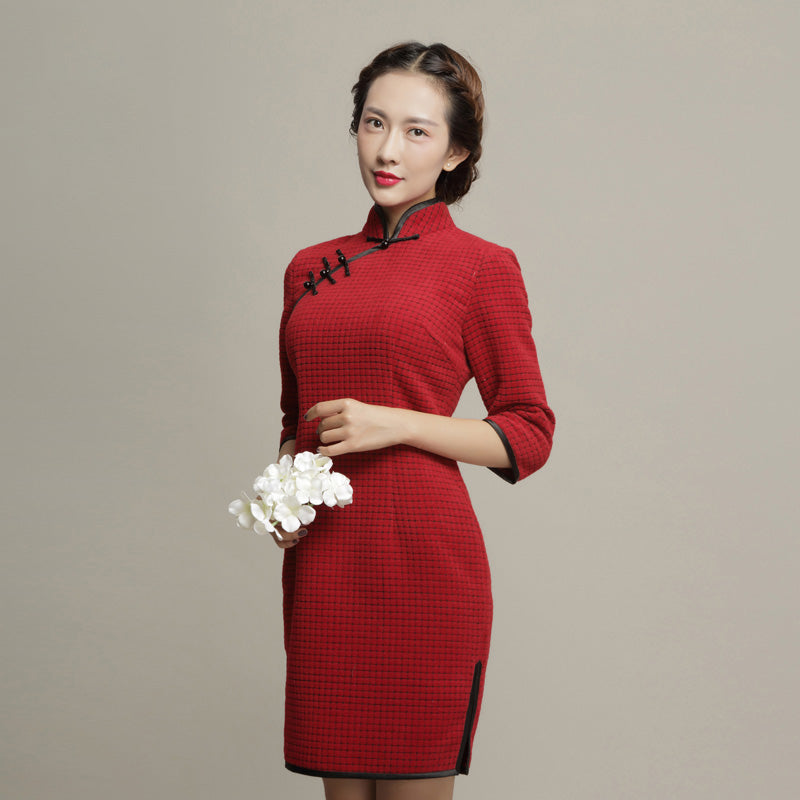 Half Sleeve Thick Signature Cotton Retro Cheongsam Chinese Dress