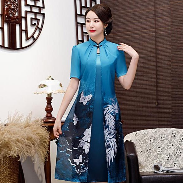 Half Sleeve Two-piece Set Knee Length Floral Ao Dai Dress