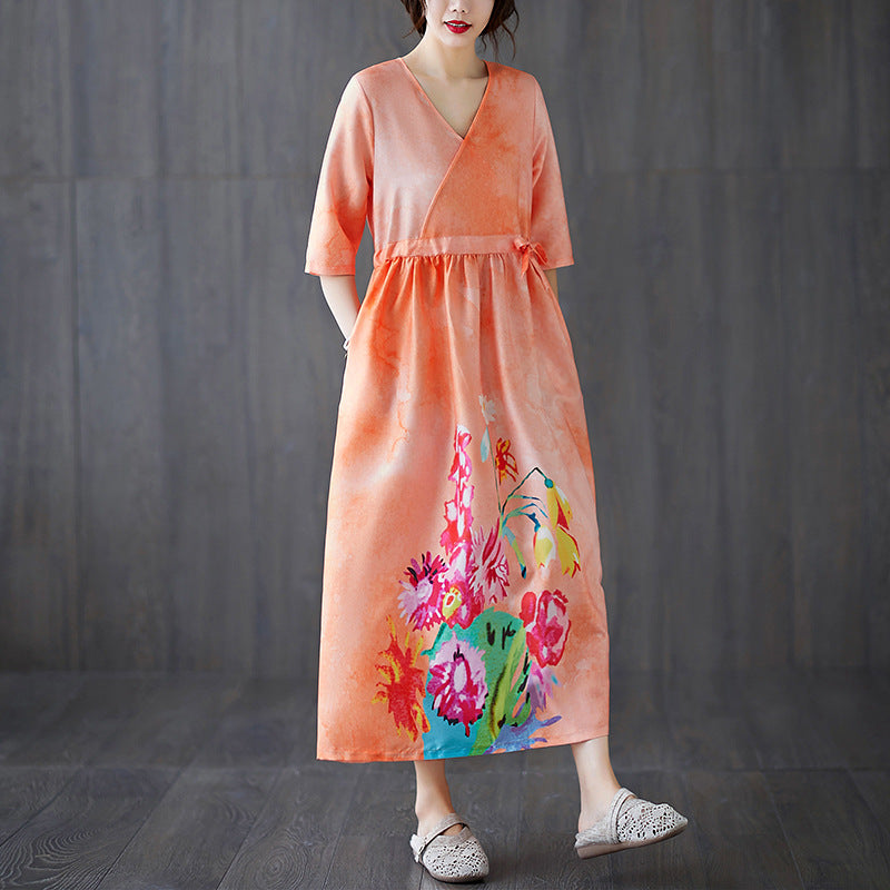 Half Sleeve V Neck Floral Signature Cotton Cheongsam Casual Dress