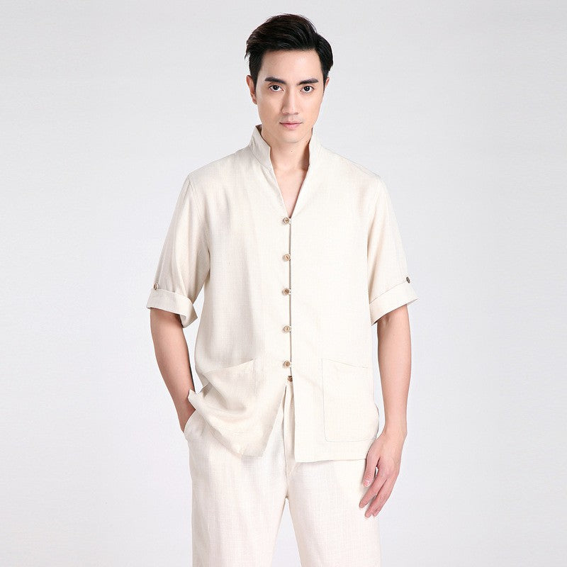 Half Sleeve V Neck Linen Traditional Chinese Kung Fu Shirt Tai Chi Top