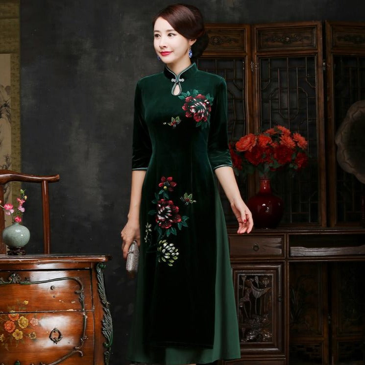 Half Sleeve Velvet Cheongsam Top Tea Length Vietnam Ao Dai Dress