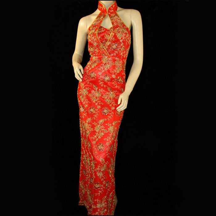 Halter Top Floral Sequins Appliques Mermaid Chinese Wedding Dress