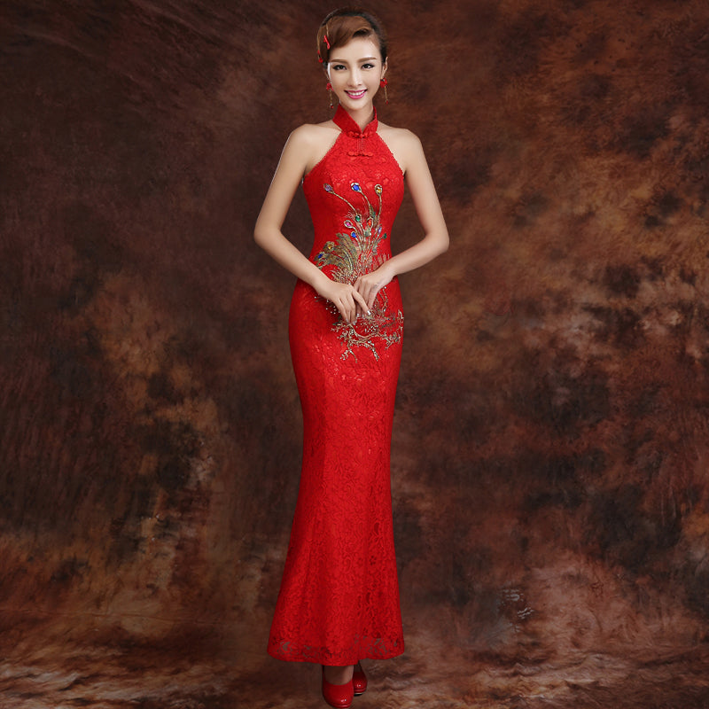 Halter Top Phoenix Embroidery Mermaid Chinese Wedding Dress