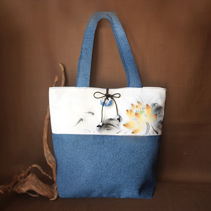 Hand Drawing Lotus Chinese Style Canvas Shoulder Bag