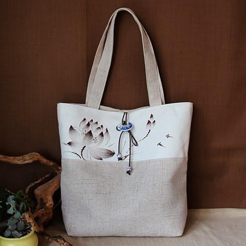 Hand Drawing Lotus Chinese Style Canvas Shoulder Bag