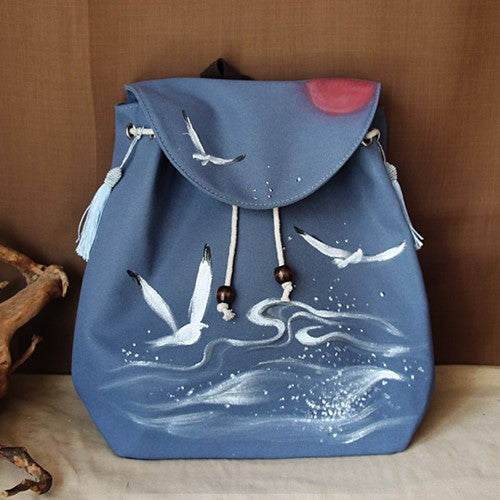 Hand Drawing Sea Gull Chinese Style Canvas Backpack Schoolbag