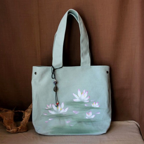 Hand Drawing Water Lily Chinese Style Canvas Shoulder Bag