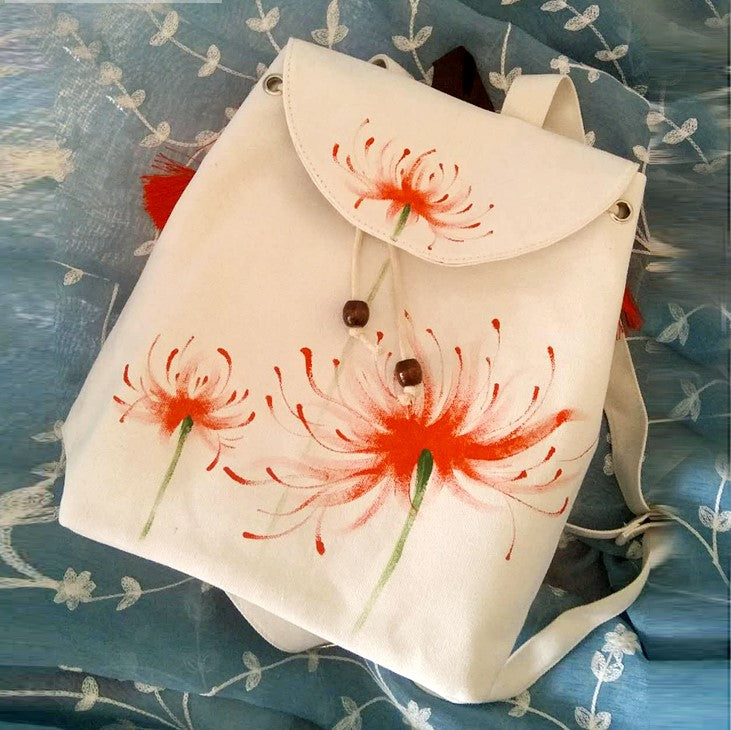 Hand Painted Chrysanthemum Chinese Style Canvas Backpack Schoolbag