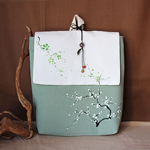 Hand Painted Floral Chinese Style Canvas Backpack Laptop Bag with Tassel