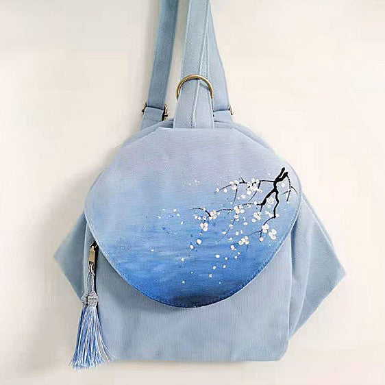 Hand Painted Floral Chinese Style Canvas Backpack Schoolbag with Tassel