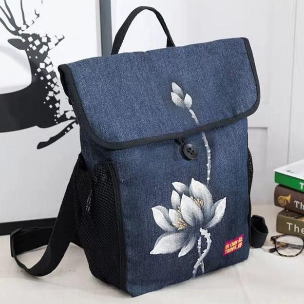 Hand Painted Lotus Pattern Chinese Style Canvas Backpack