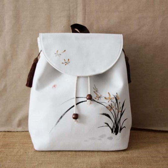 Hand Painted Orchid Chinese Style Canvas Backpack Schoolbag with Tassel