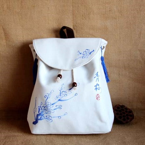 Hand Painted Wintersweet Chinese Style Canvas Backpack Schoolbag with Tassel