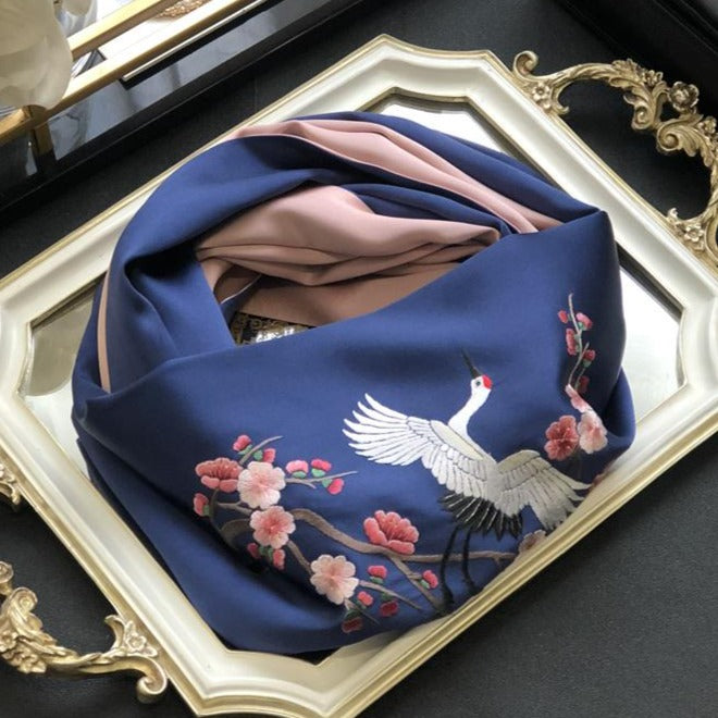 Handmade Crane Emboridery Top-level 100% Nature Silk Scarf