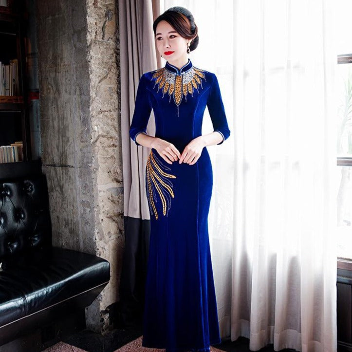 Handmade Floral Appliques Mermaid Velvet Cheongsam Mother Dress