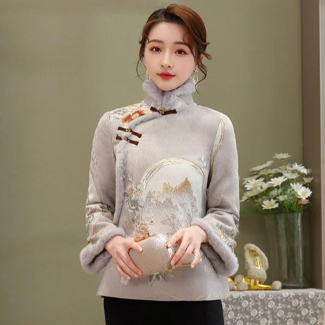 High Collar Fancy Cotton Fur Edge Women's Chinese Style Jacket Wadded Coat