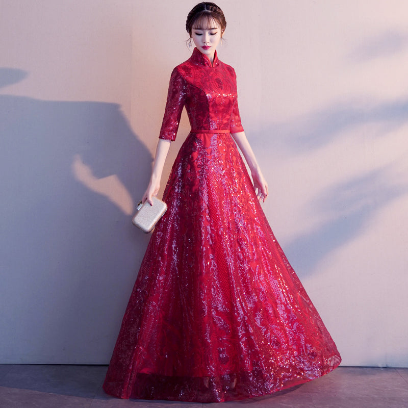 High Collar Half Sleeve Floral Sequins Chinese Wedding Party Dress