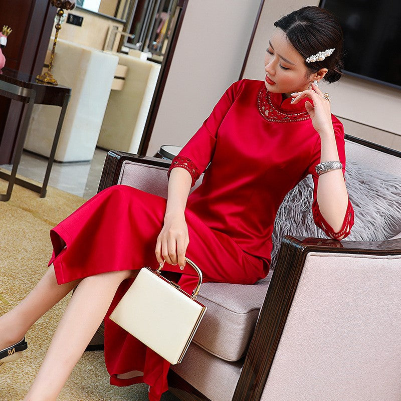 Hollow Out Embroidery 3/4 Sleeve Modern Cheongsam Tea Length Qipao Dress