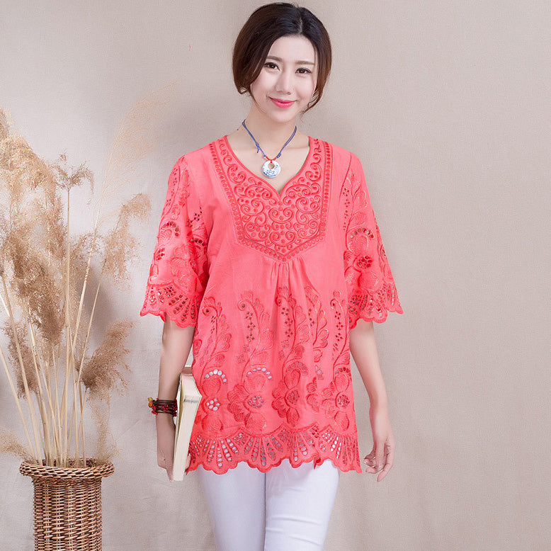 Hollow Out Floral Embroidery Loose Traditional Chinese Blouse