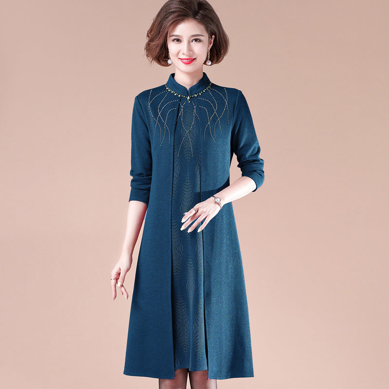 Hot Drilling Beads Knee Length Modern Cheongsam A-line Knit Dress Two Piece Suit