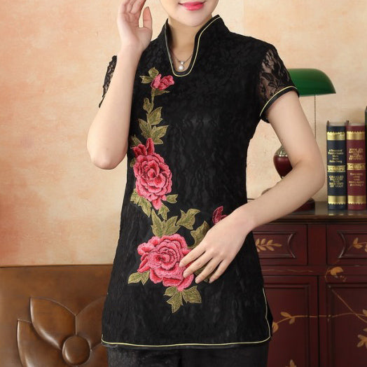 Illusion Cap Sleeve Peony Appliques Elastic Yarn Chinese Shirt