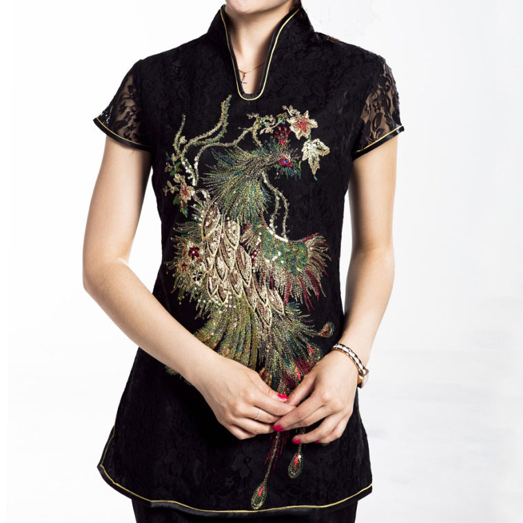 Illusion Cap Sleeve Phoenix Appliques Elastic Yarn Chinese Shirt