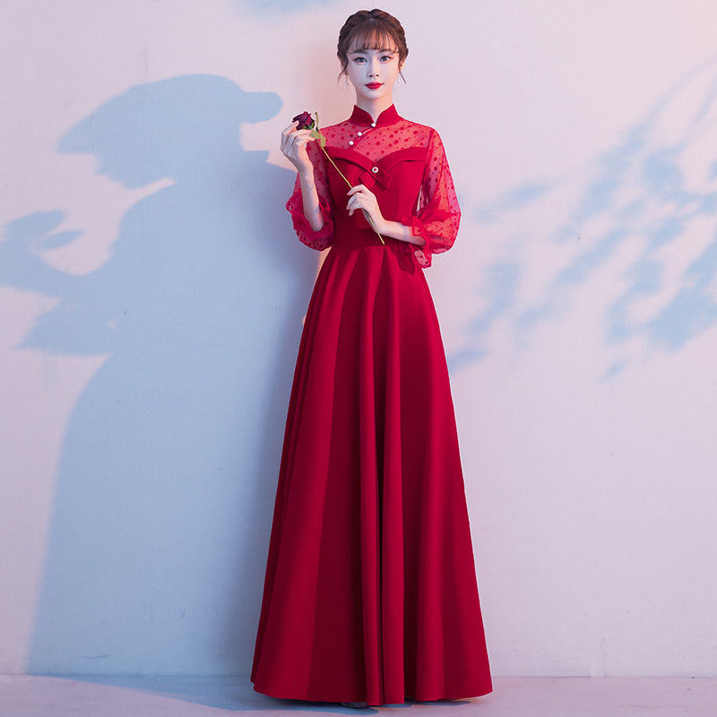 Illusion Neck 3/4 Sleeve Pleated Skirt Oriental Evening Dress