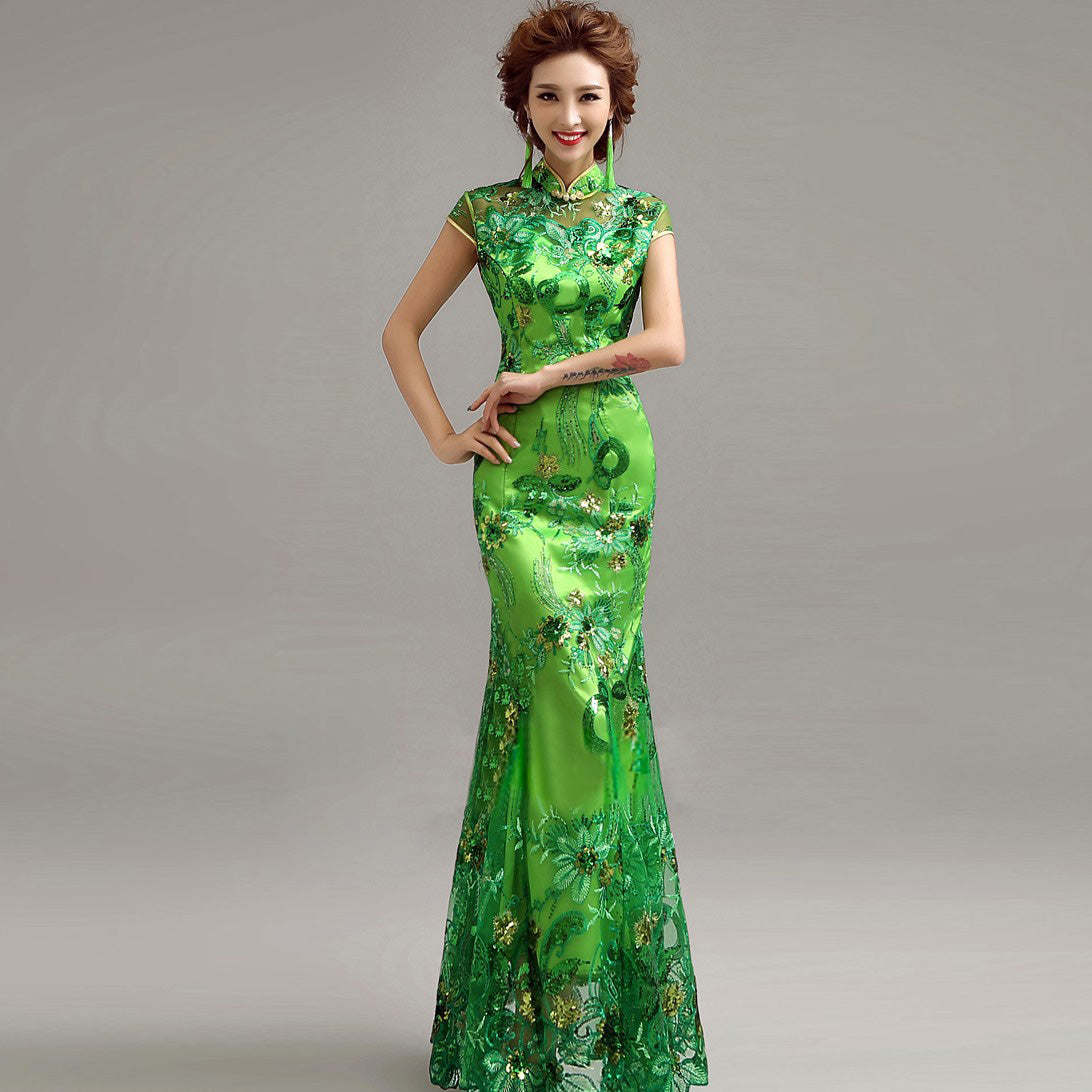 Illusion Neck Cheongsam Top Mermaid Evening Dress with Floral Appliques