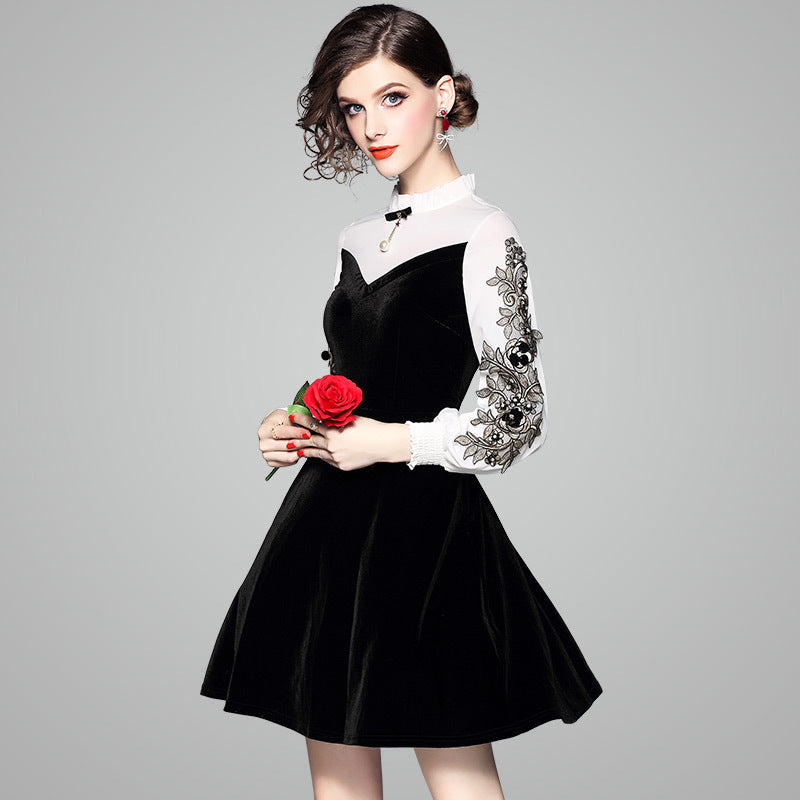 Illusion Neck Little Black Dress with Floral Appliques