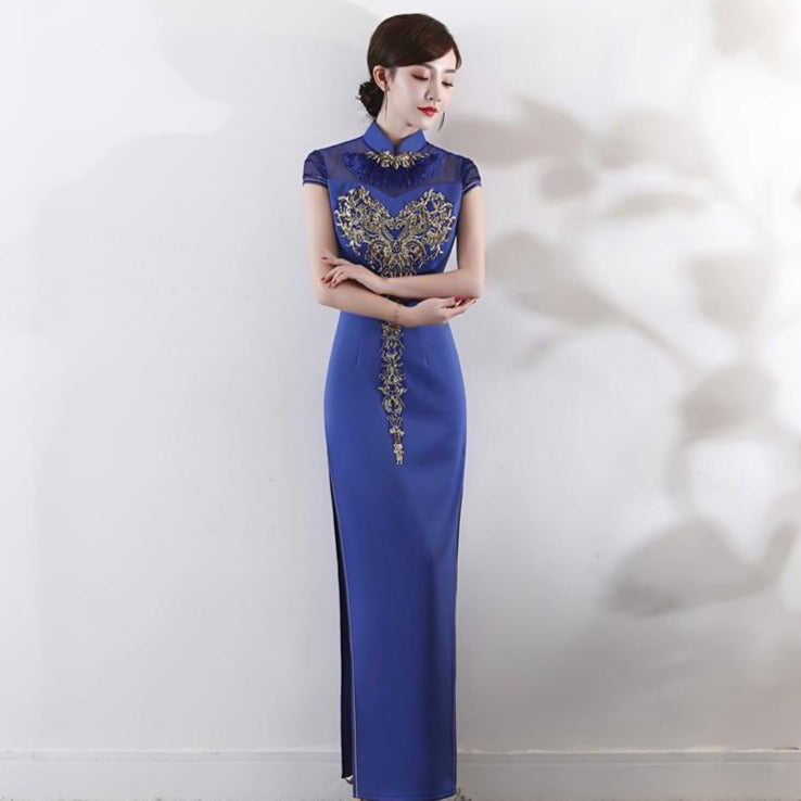 Illusion Neck Satin Cheongsam Evening Dress with Embroidery Appliques
