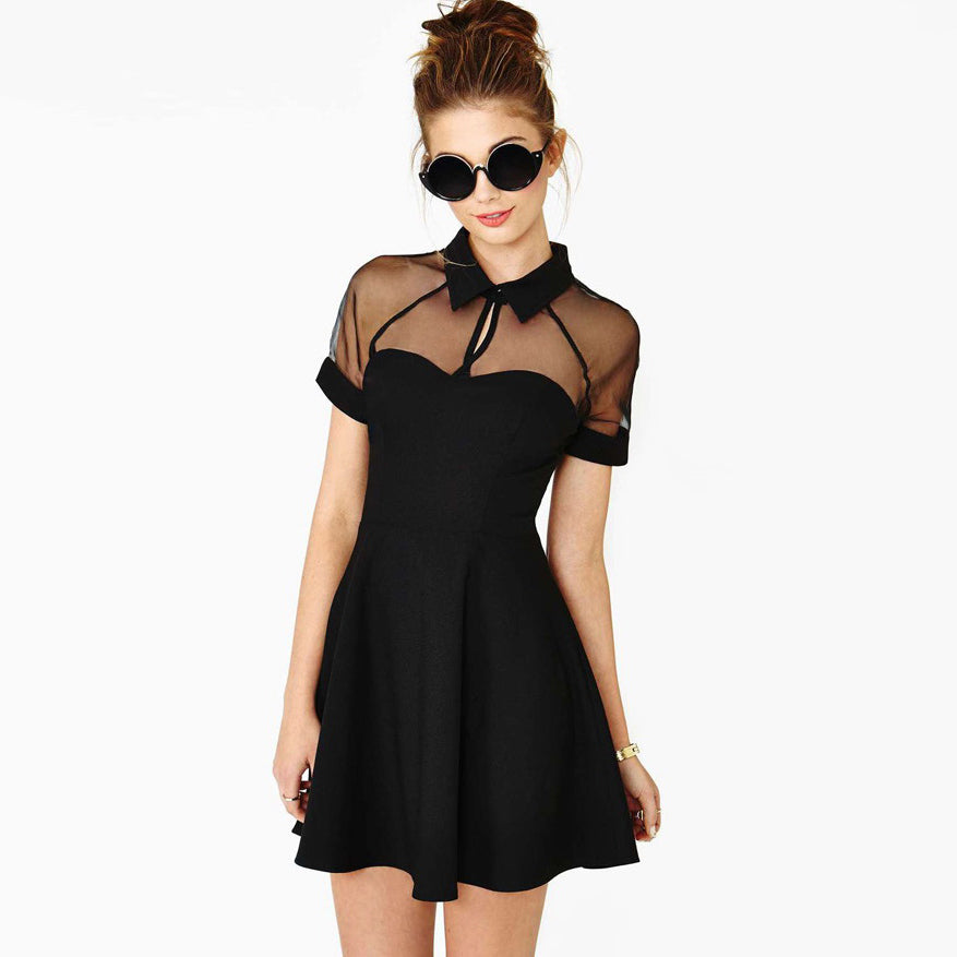 Illusion Neck Short Sleeve Cocktail Little Black Dress
