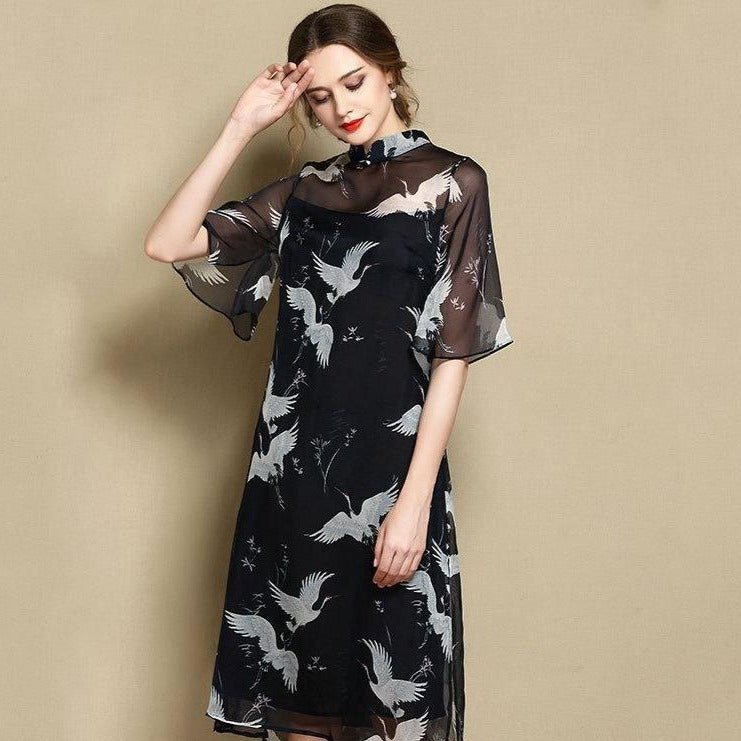 Illusion Neck & Sleeve Cranes Pattern Cheongsam Chinese Dress