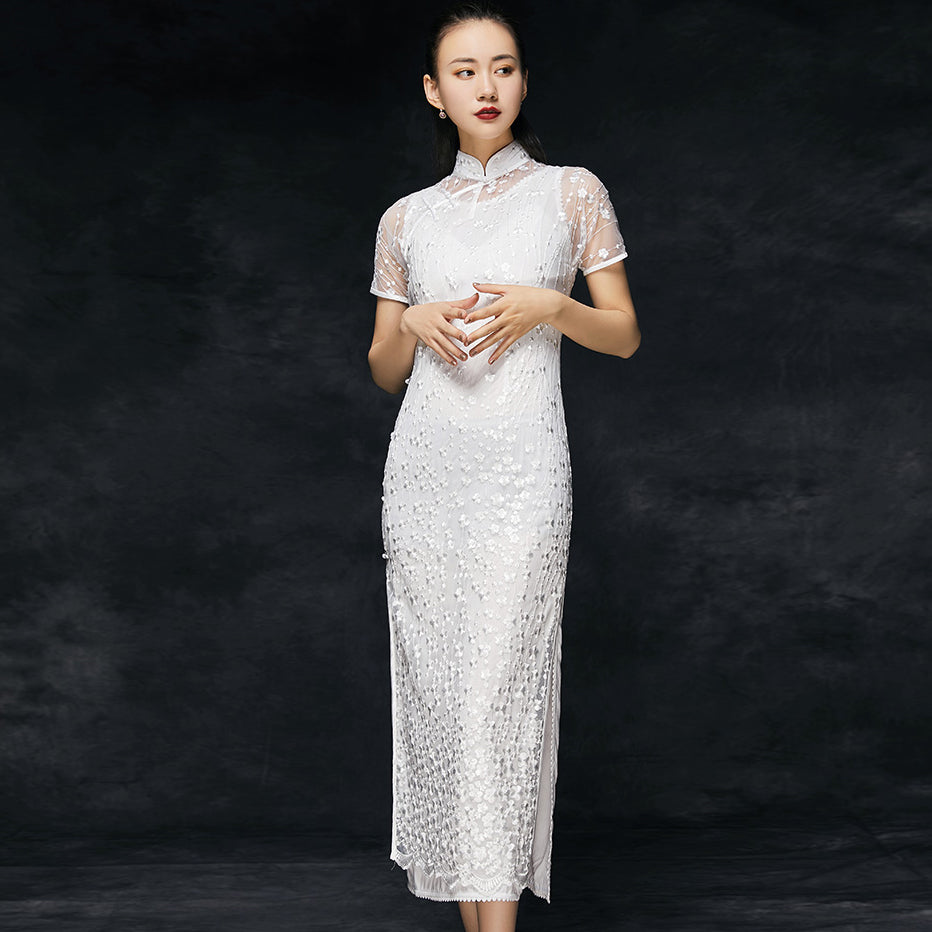 Illusion Neck & Sleeve Heavy Embroidery Cheongsam Chinese Evening Dress