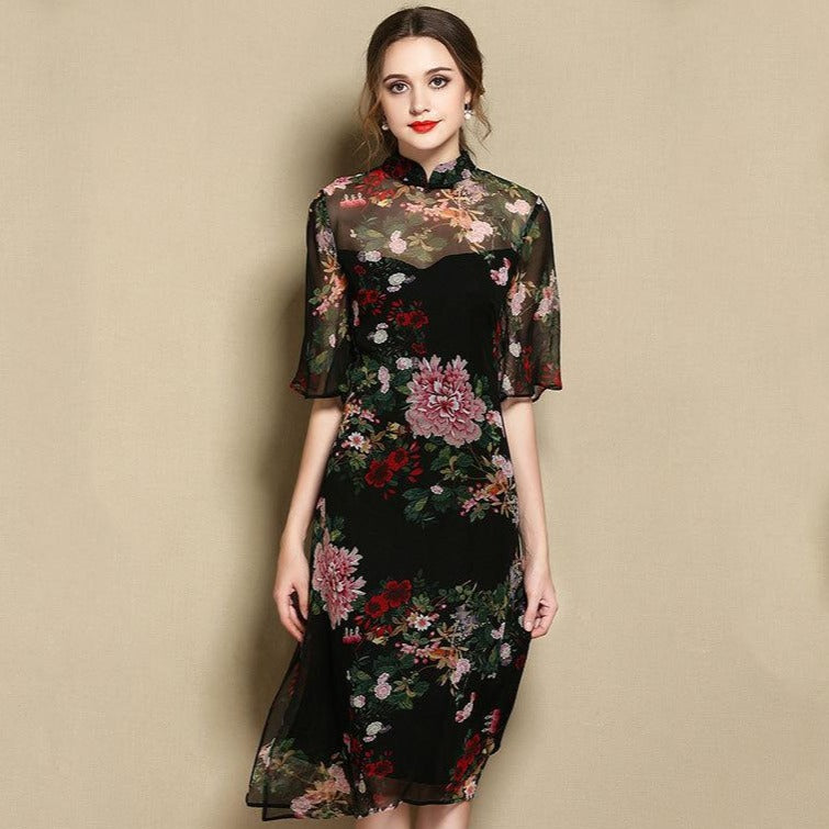 Illusion Neck & Sleeve Knee Length Cheongsam Floral Chinese Dress