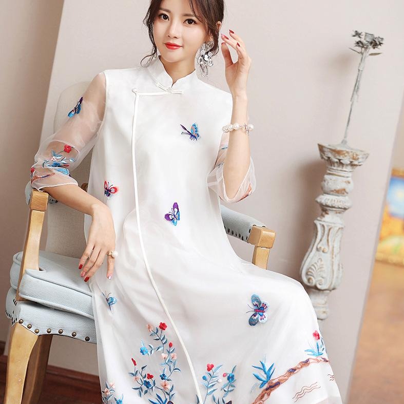 Illusion Sleeve Butterfly & Floral Embroidery Cheongsam Han Costume