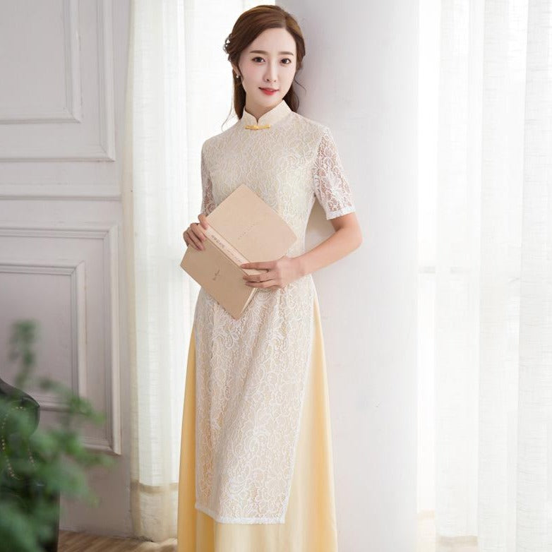 Illusion Sleeve Cheongsam Top Full Length Floral Lace Ao Dai Dress