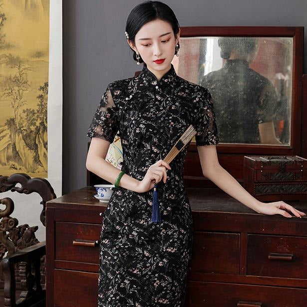 Illusion Sleeve Knee Length Cheongsam Floral Lace Chinese Dress