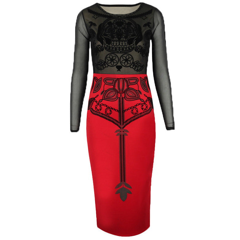 Illusion Sleeve Skull Pattern Knee Length Slim Stretchy Pencil Dress