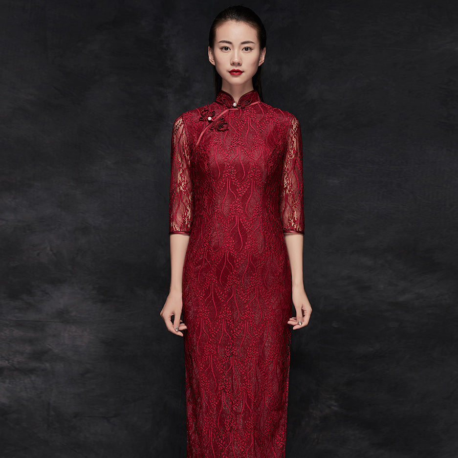 Illusion Sleeve Tea Length Floral Lace Cheongsam Chinese Evening Dress