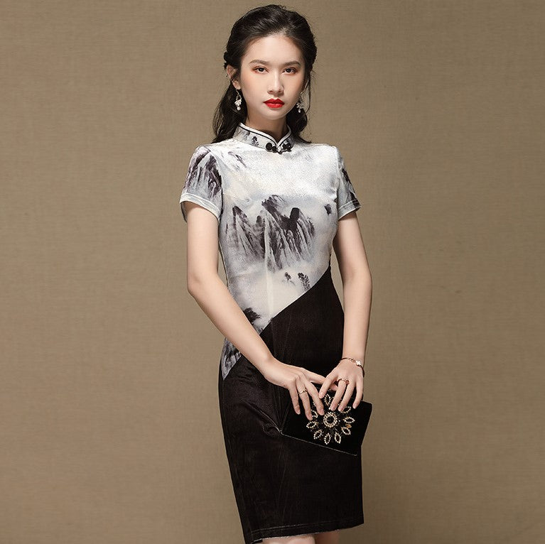 Ink Painting Pattern Velvet Knee Length Cheongsam Chinese Dress