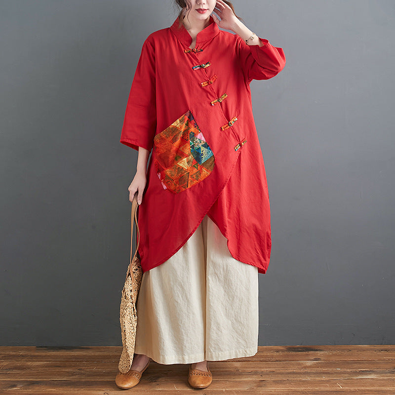 Irregular Hem Hanfu Casual Dress with Big Pocket & Strap Buttons