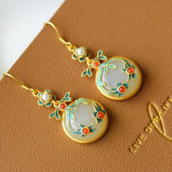 Jade & Cloisonne Chinese Style Gilding Earrings