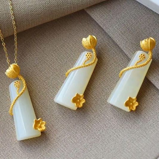 Jade & Flower Carving Pendant Gilding Necklace